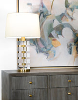 Worlds Away Acrylic And Brushed Brass Stack Lamp With White Linen Shade