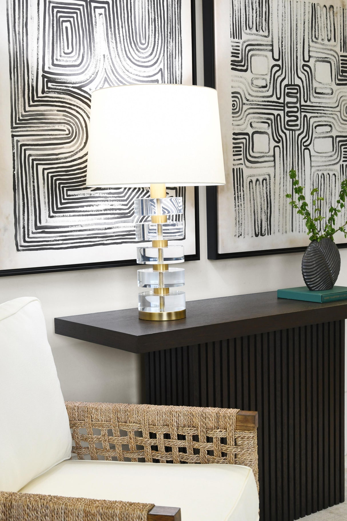 Worlds Away Acrylic And Brushed Brass Stack Lamp With White Linen Shade
