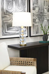 Worlds Away Acrylic And Brushed Brass Stack Lamp With White Linen Shade