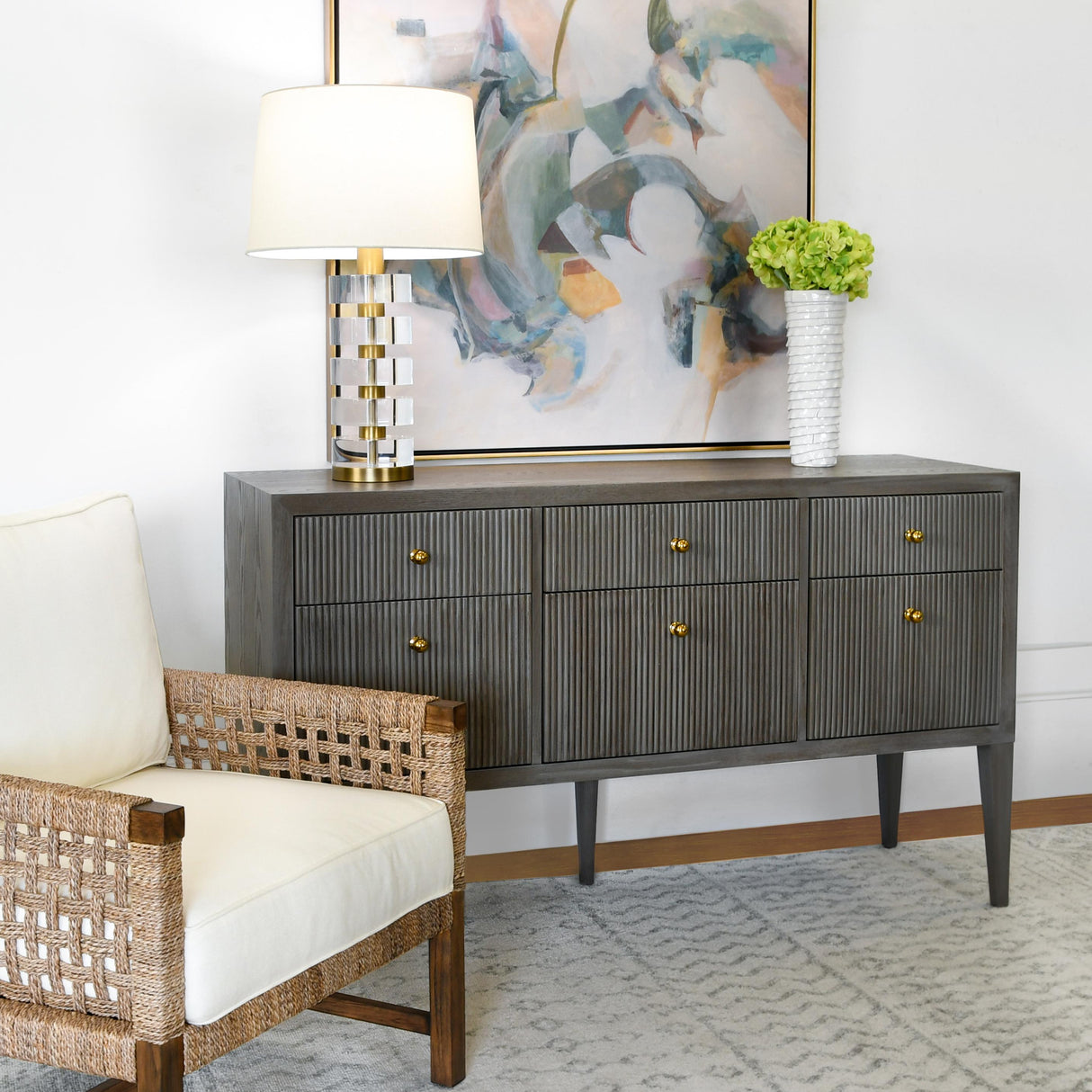 Worlds Away Acrylic And Brushed Brass Stack Lamp With White Linen Shade