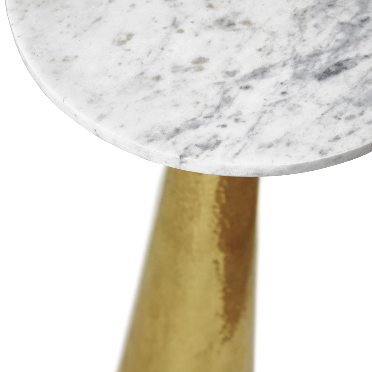 Worlds Away Hammered Brass Side Table With Tapered Base And Round White Marble Top