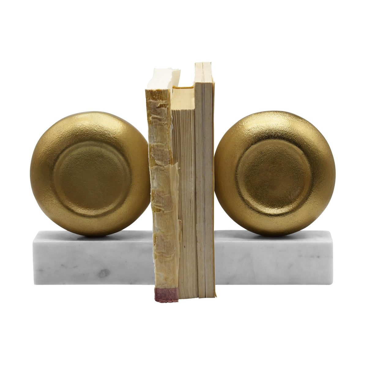 Worlds Away Disk Shaped Textured Brass Metal Bookend With Square White Marble Base