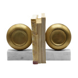 Worlds Away Disk Shaped Textured Brass Metal Bookend With Square White Marble Base