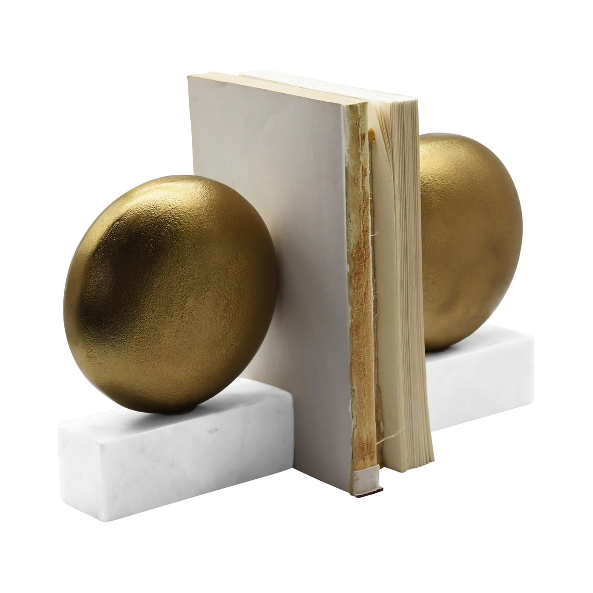 Worlds Away Disk Shaped Textured Brass Metal Bookend With Square White Marble Base