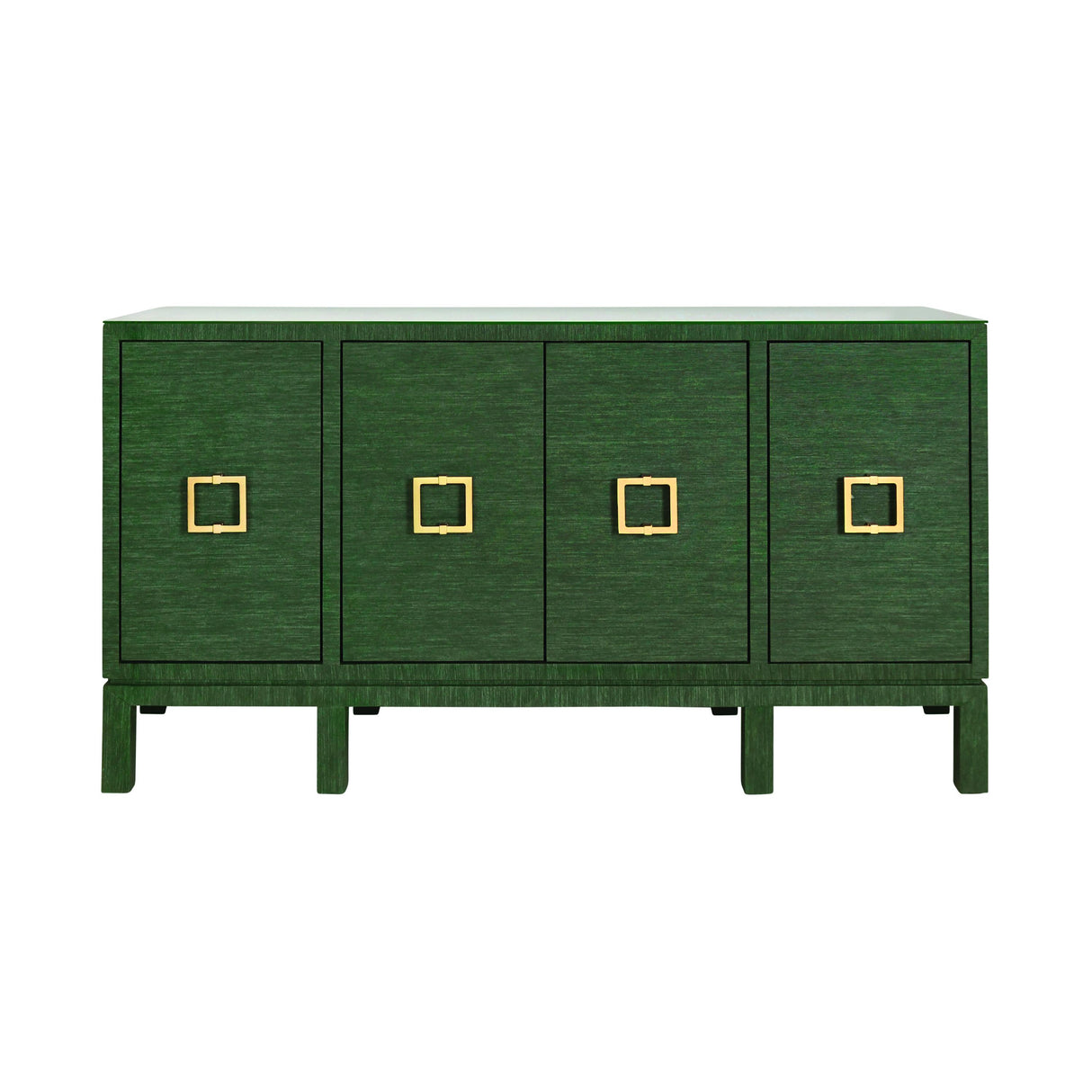 Worlds Away Four Door Buffet With Large Brass Square Hardware In Green Dyed Grasscloth