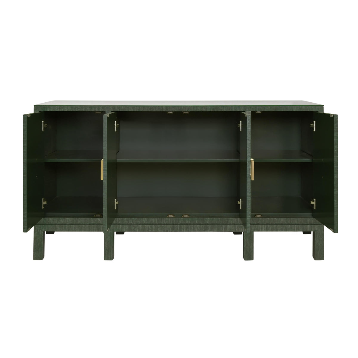 Worlds Away Four Door Buffet With Large Brass Square Hardware In Green Dyed Grasscloth