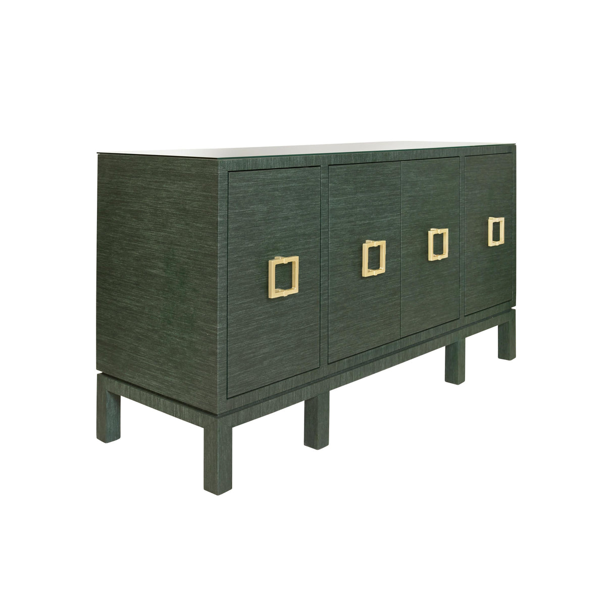 Worlds Away Four Door Buffet With Large Brass Square Hardware In Green Dyed Grasscloth