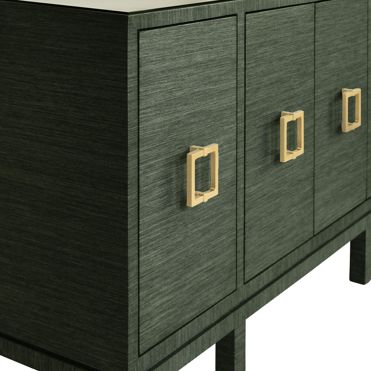 Worlds Away Four Door Buffet With Large Brass Square Hardware In Green Dyed Grasscloth