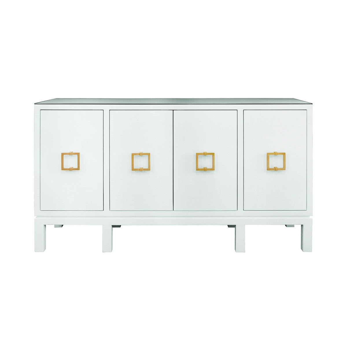 Worlds Away Four Door Buffet With Large Brass Square Hardware In White Textured Linen