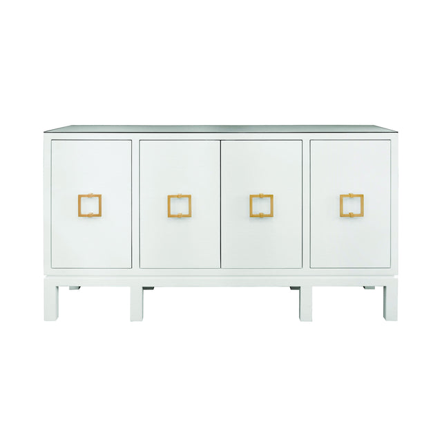 Worlds Away Four Door Buffet With Large Brass Square Hardware In White Textured Linen