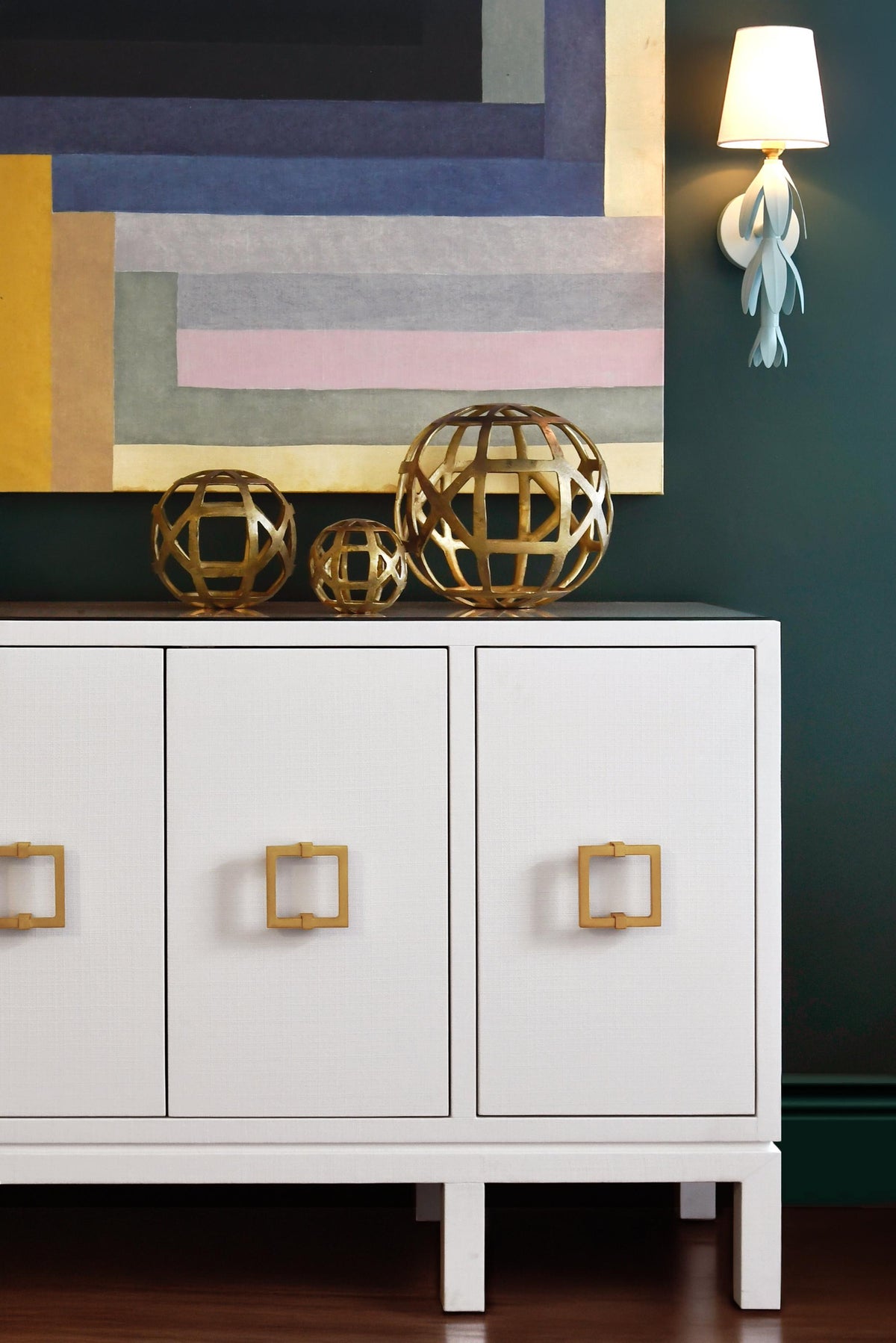 Worlds Away Four Door Buffet With Large Brass Square Hardware In White Textured Linen