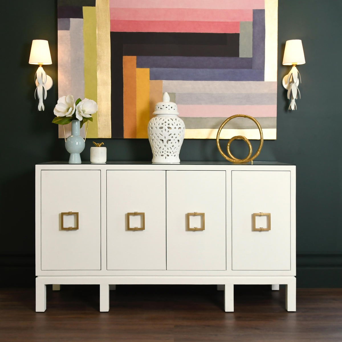 Worlds Away Four Door Buffet With Large Brass Square Hardware In White Textured Linen