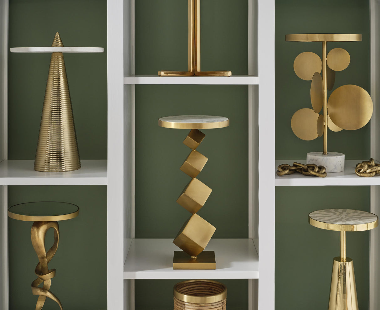 Worlds Away Tapered Brass Side Table With Round Inlaid Radial Natural Bone And Resin Top