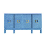 Worlds Away Four Door Buffet With Large Brass Square Hardware In Blue Dyed Grasscloth