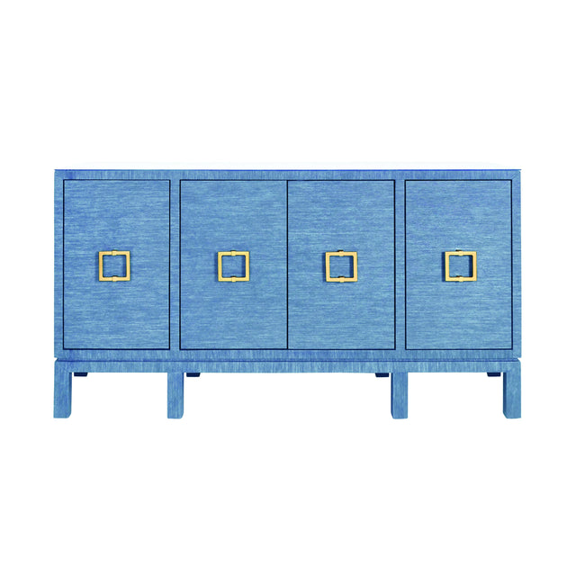 Worlds Away Four Door Buffet With Large Brass Square Hardware In Blue Dyed Grasscloth