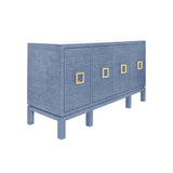 Worlds Away Four Door Buffet With Large Brass Square Hardware In Blue Dyed Grasscloth