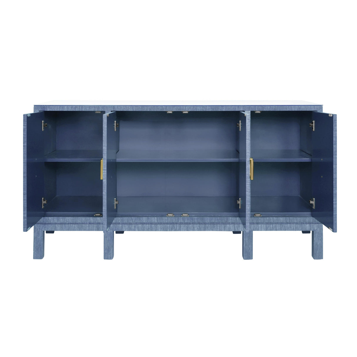 Worlds Away Four Door Buffet With Large Brass Square Hardware In Blue Dyed Grasscloth