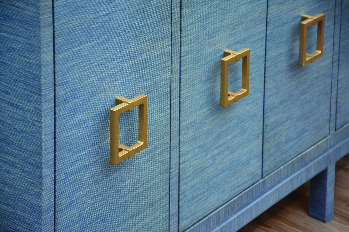 Worlds Away Four Door Buffet With Large Brass Square Hardware In Blue Dyed Grasscloth