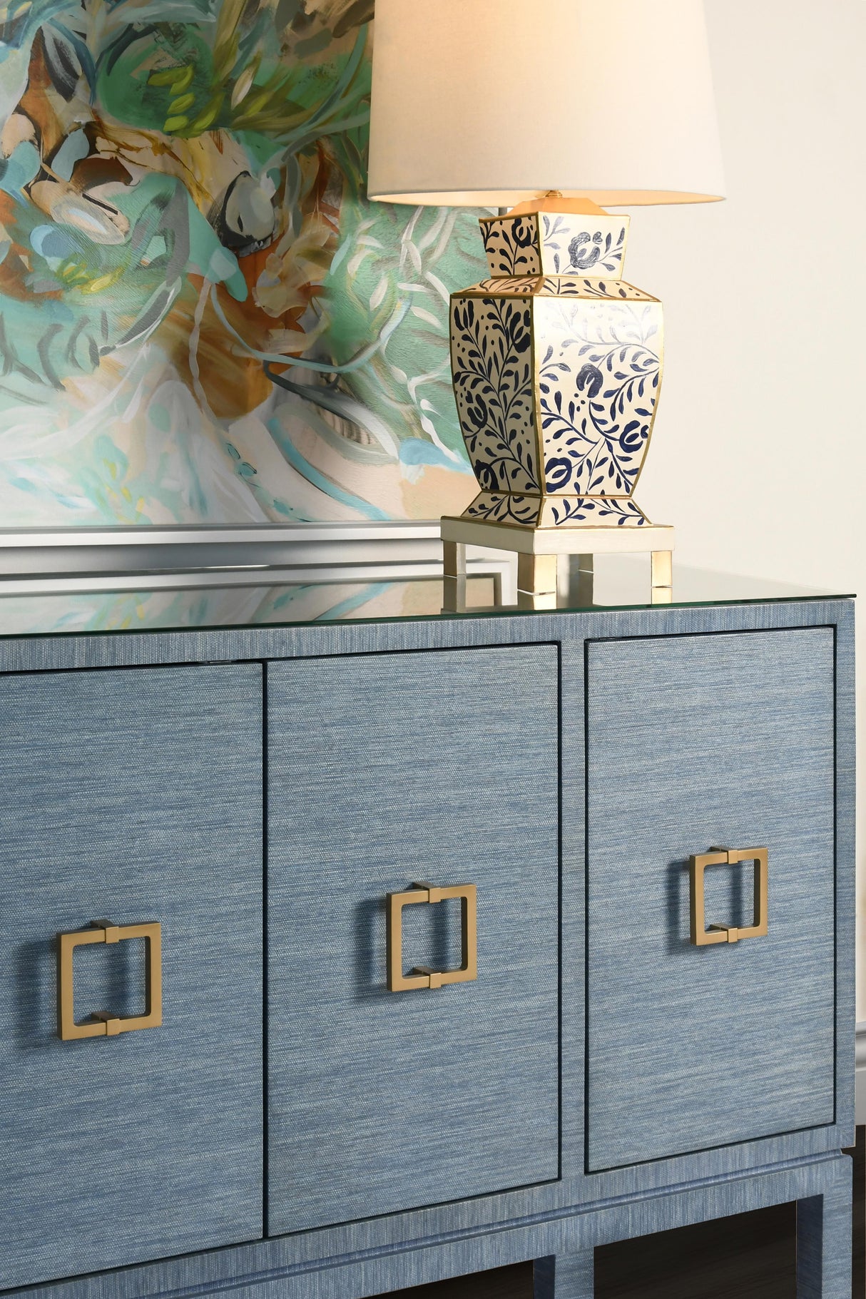 Worlds Away Four Door Buffet With Large Brass Square Hardware In Blue Dyed Grasscloth