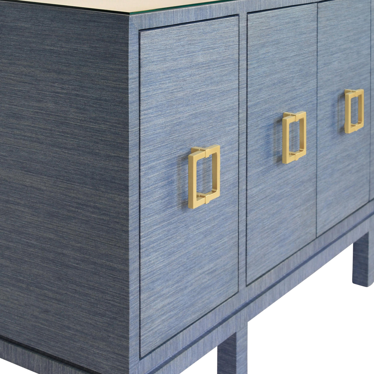 Worlds Away Four Door Buffet With Large Brass Square Hardware In Blue Dyed Grasscloth