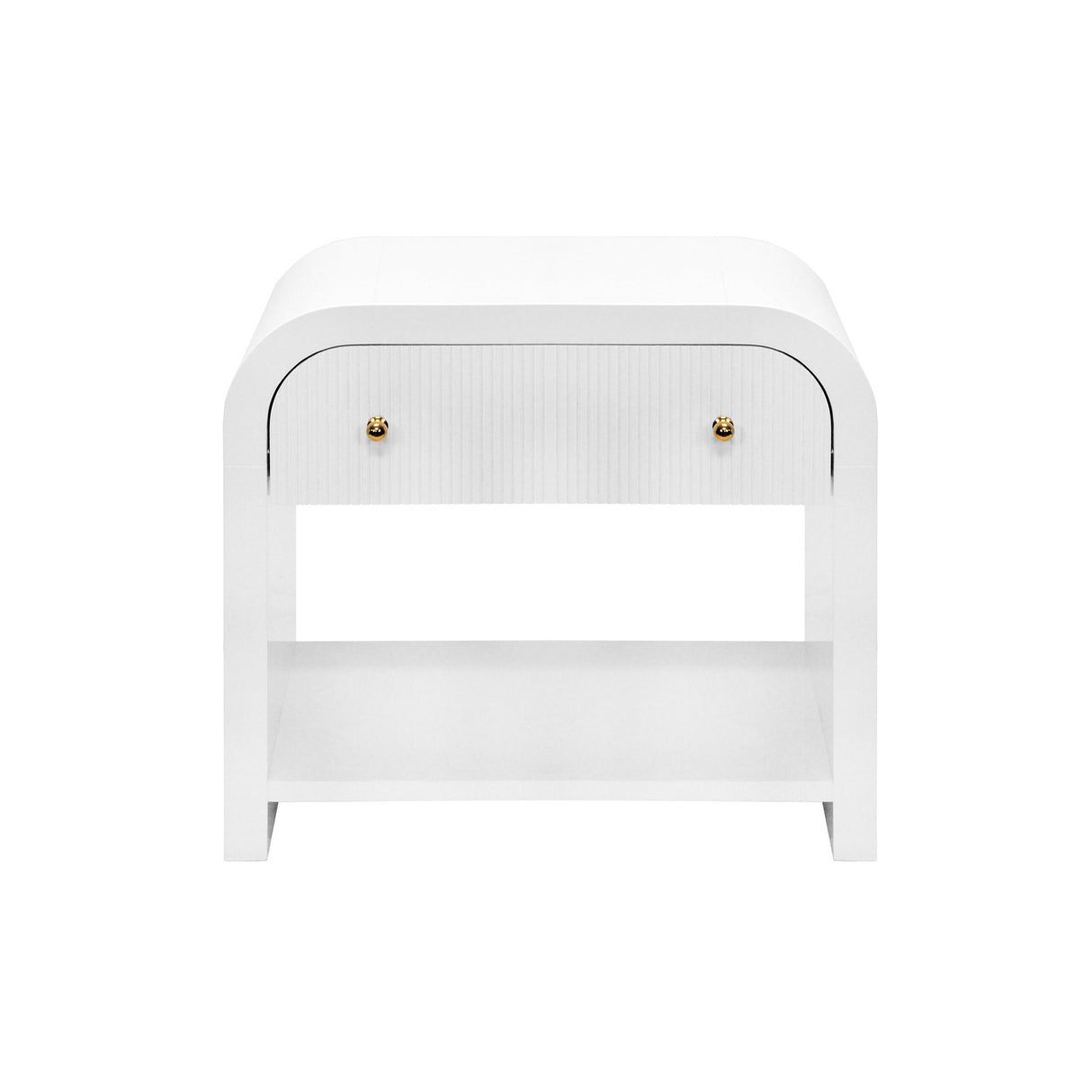 Worlds Away Waterfall Edge Side Table With Fluted Drawer Front In White Lacquer