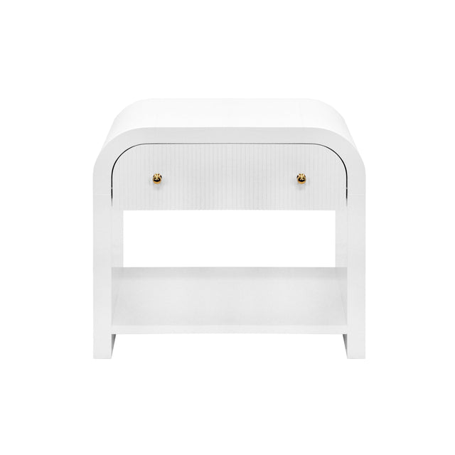 Worlds Away Waterfall Edge Side Table With Fluted Drawer Front In White Lacquer