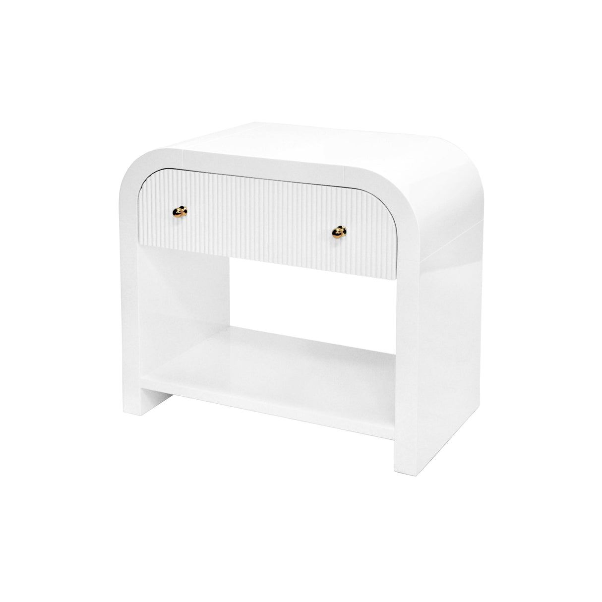 Worlds Away Waterfall Edge Side Table With Fluted Drawer Front In White Lacquer