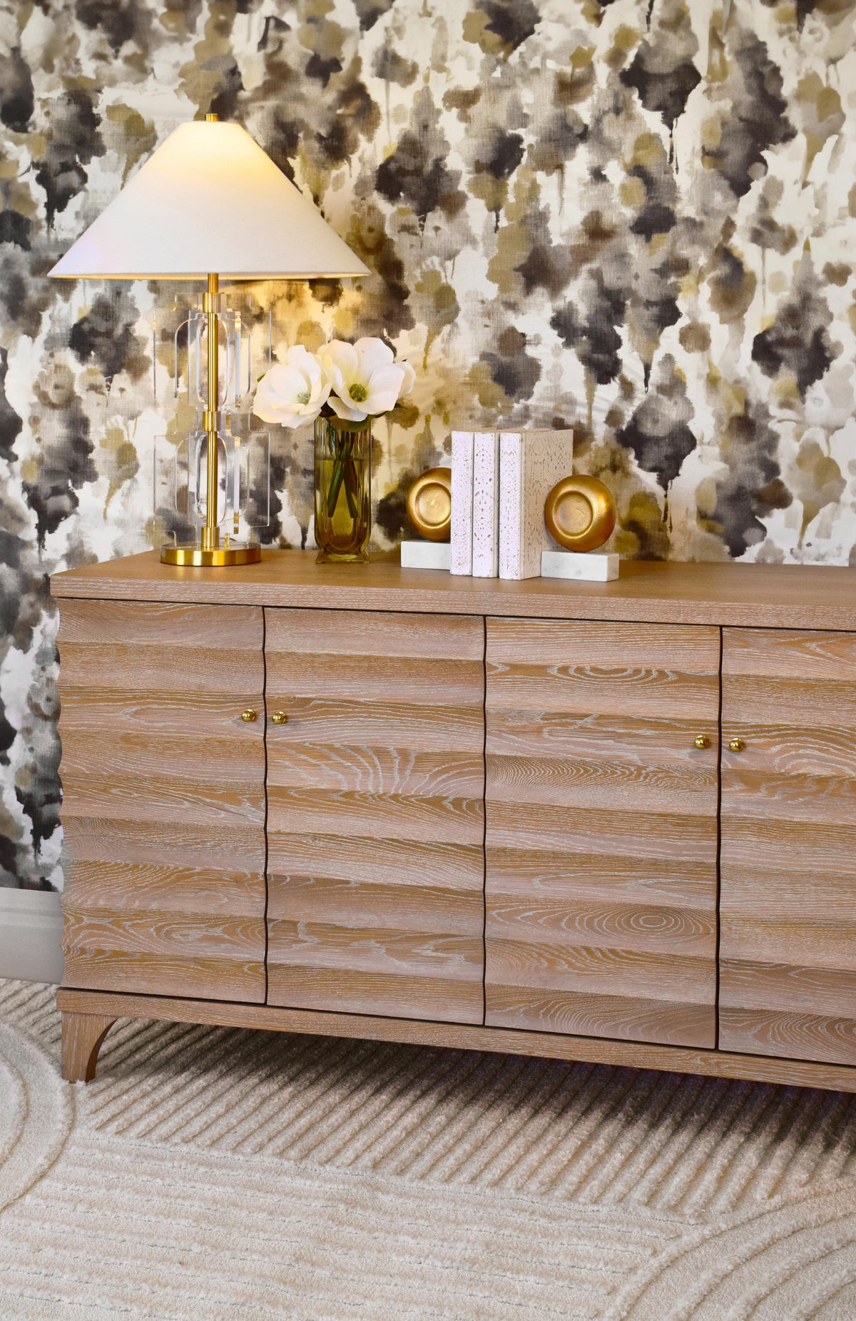 Worlds Away Four Door Buffet With Horizontal Fluted Detail In Cerused Oak