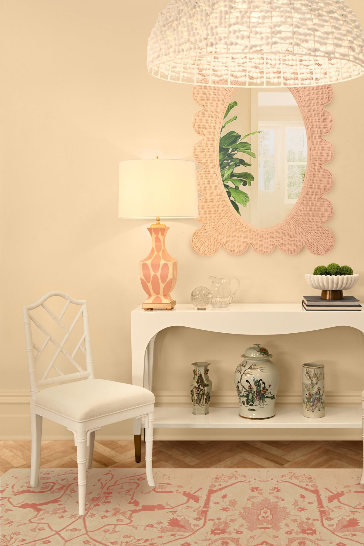 Worlds Away Handpainted Tole Table Lamp In Coral Ikat Pattern