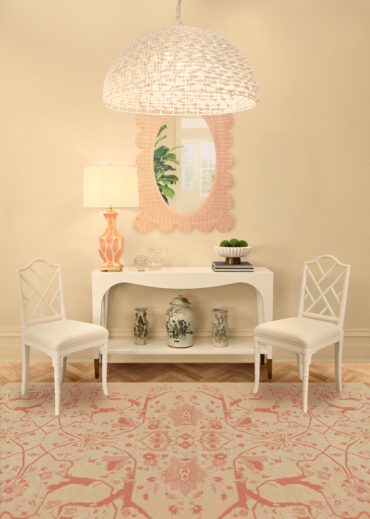 Worlds Away Handpainted Tole Table Lamp In Coral Ikat Pattern