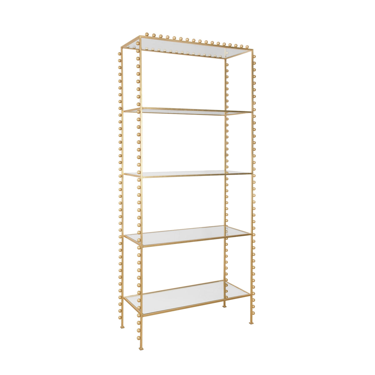 Worlds Away Ball Lined Etagere With Clear Glass Shelves In Gold Leaf