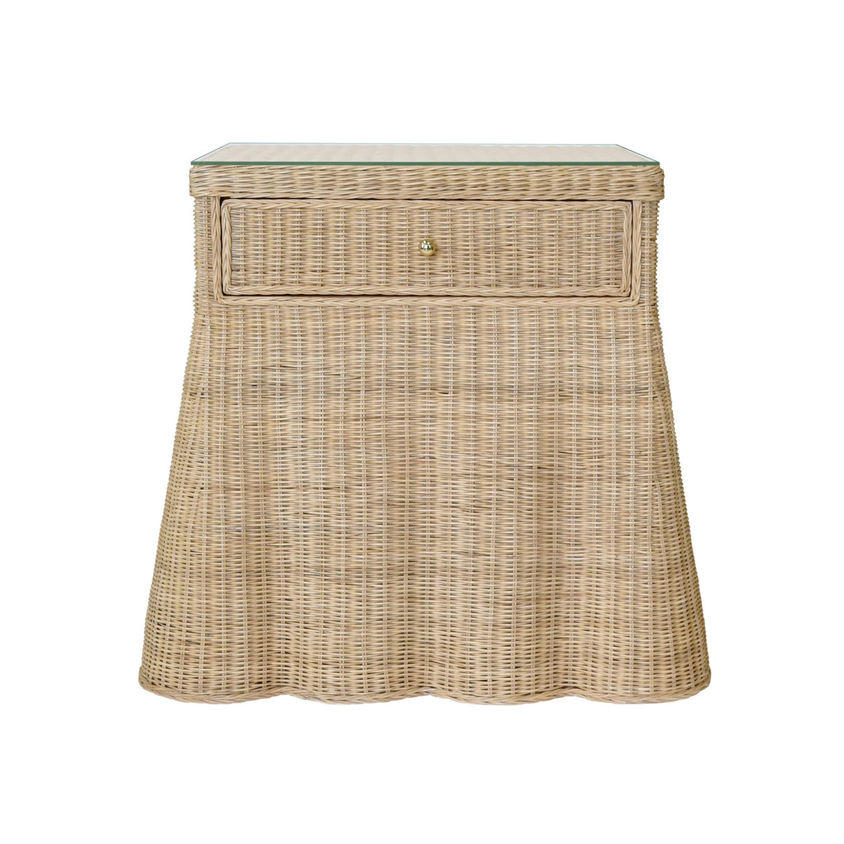 Worlds Away One Drawer Rectangular Side Table With Flared Scalloped Base In Rattan With Glass Top