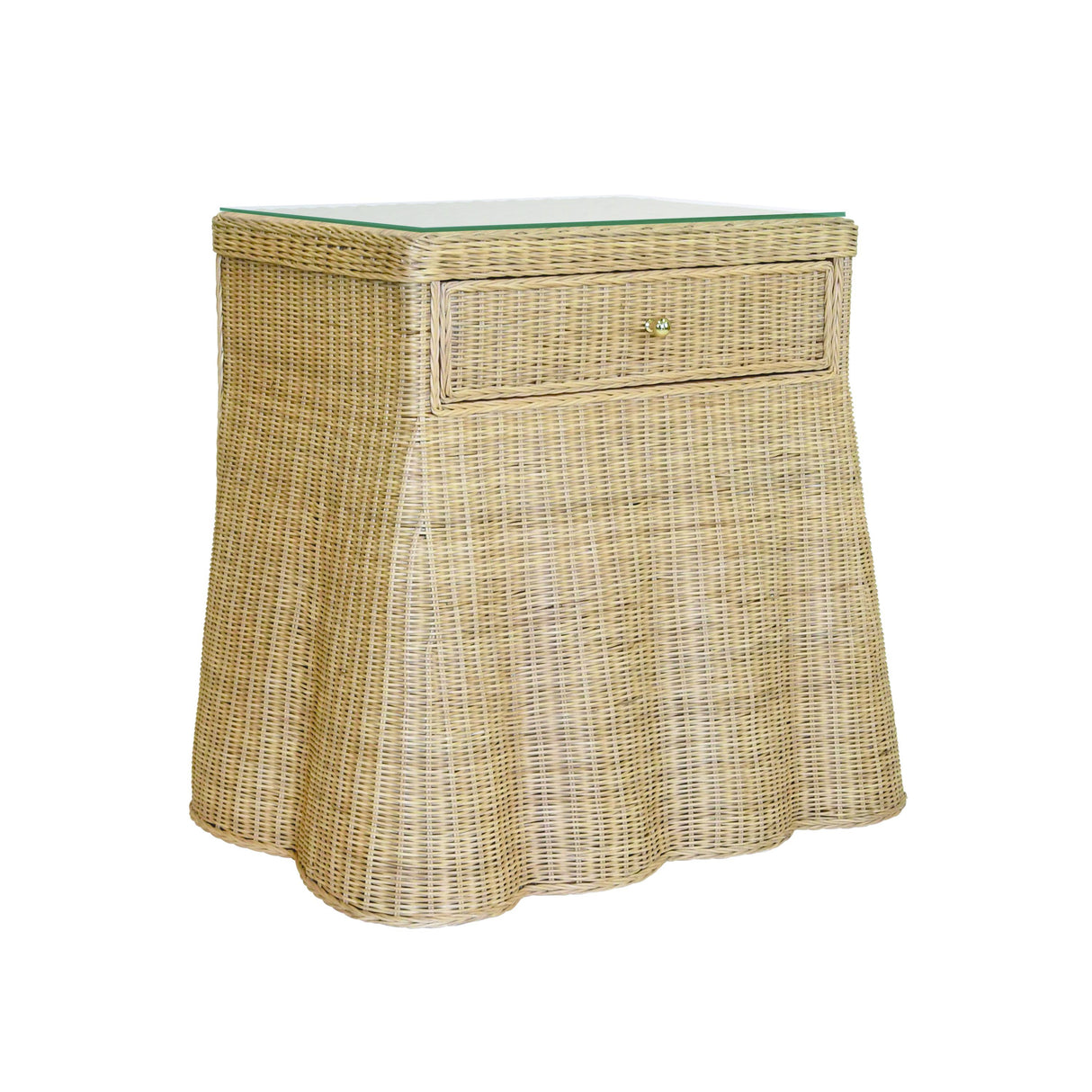 Worlds Away One Drawer Rectangular Side Table With Flared Scalloped Base In Rattan With Glass Top