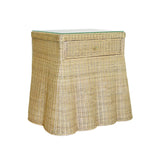 Worlds Away One Drawer Rectangular Side Table With Flared Scalloped Base In Rattan With Glass Top