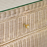 Worlds Away One Drawer Rectangular Side Table With Flared Scalloped Base In Rattan With Glass Top
