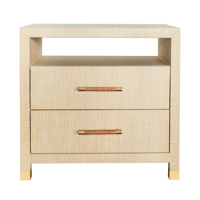 Worlds Away Two Drawer Side Table With Rattan Wrapped Handles In Natural Grasscloth