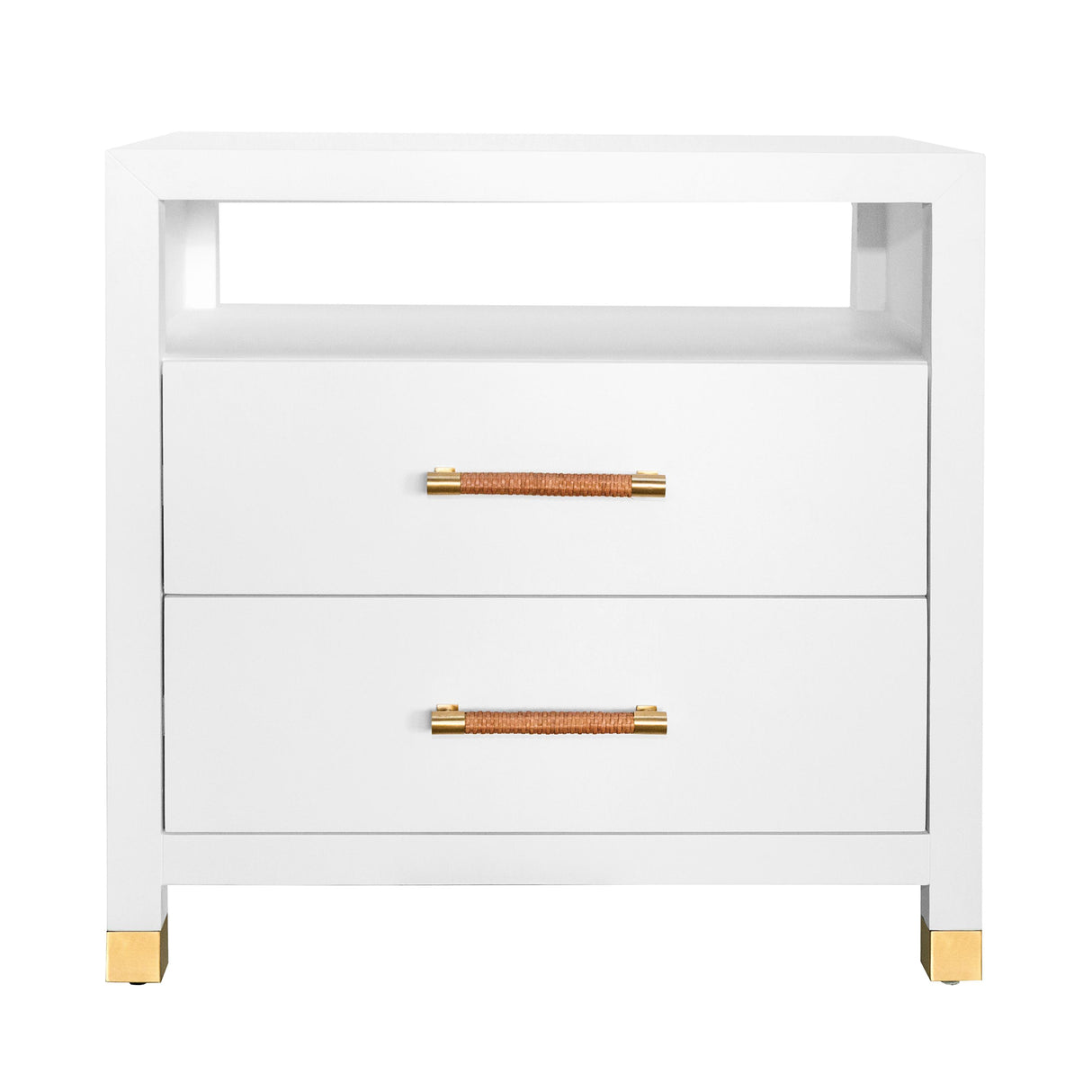 Worlds Away Two Drawer Side Table With Rattan Wrapped Handles In Matte White Lacquer
