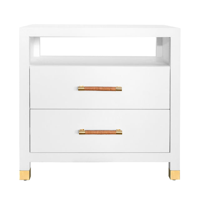 Worlds Away Two Drawer Side Table With Rattan Wrapped Handles In Matte White Lacquer