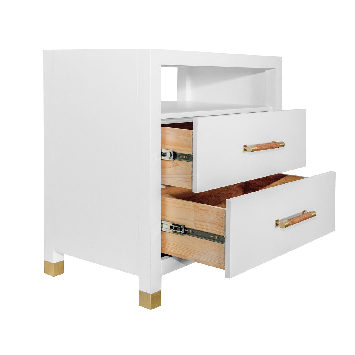 Worlds Away Two Drawer Side Table With Rattan Wrapped Handles In Matte White Lacquer