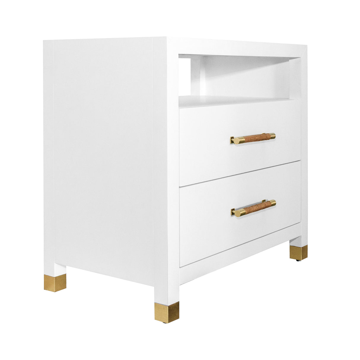 Worlds Away Two Drawer Side Table With Rattan Wrapped Handles In Matte White Lacquer