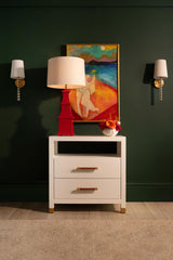 Worlds Away Two Drawer Side Table With Rattan Wrapped Handles In Matte White Lacquer