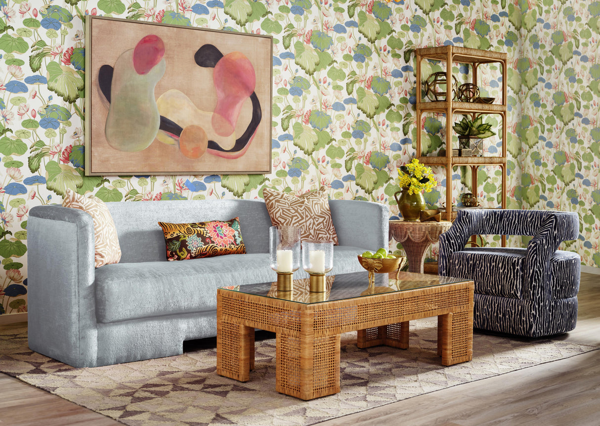 Worlds Away Rattan Etagere With Seagrass Wrapped And Clear Glass Shelves