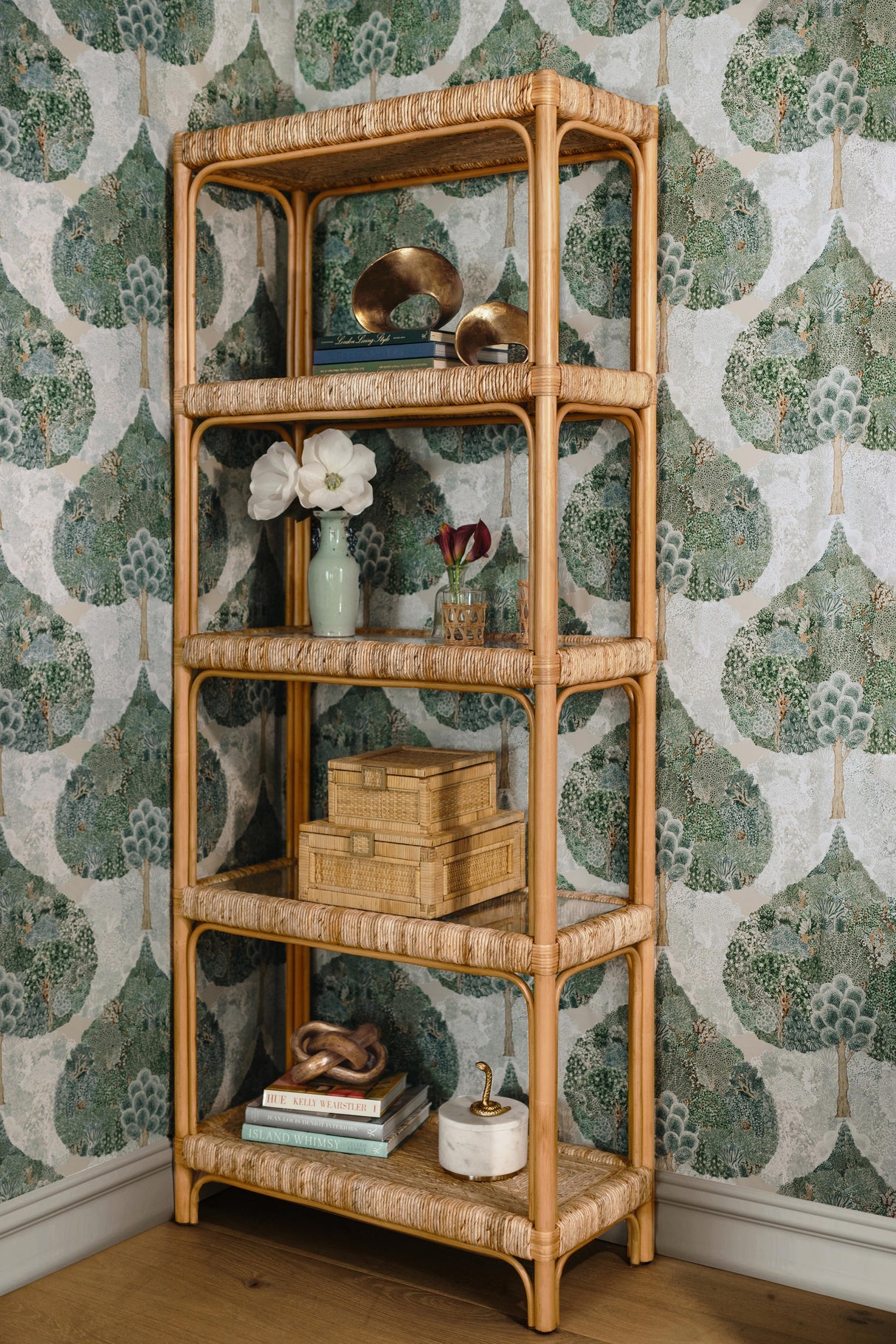 Worlds Away Rattan Etagere With Seagrass Wrapped And Clear Glass Shelves