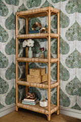 Worlds Away Rattan Etagere With Seagrass Wrapped And Clear Glass Shelves