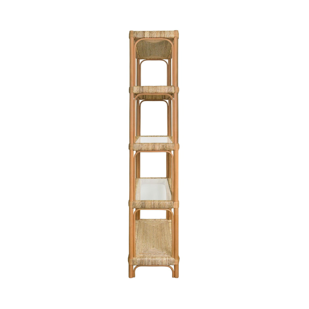 Worlds Away Rattan Etagere With Seagrass Wrapped And Clear Glass Shelves