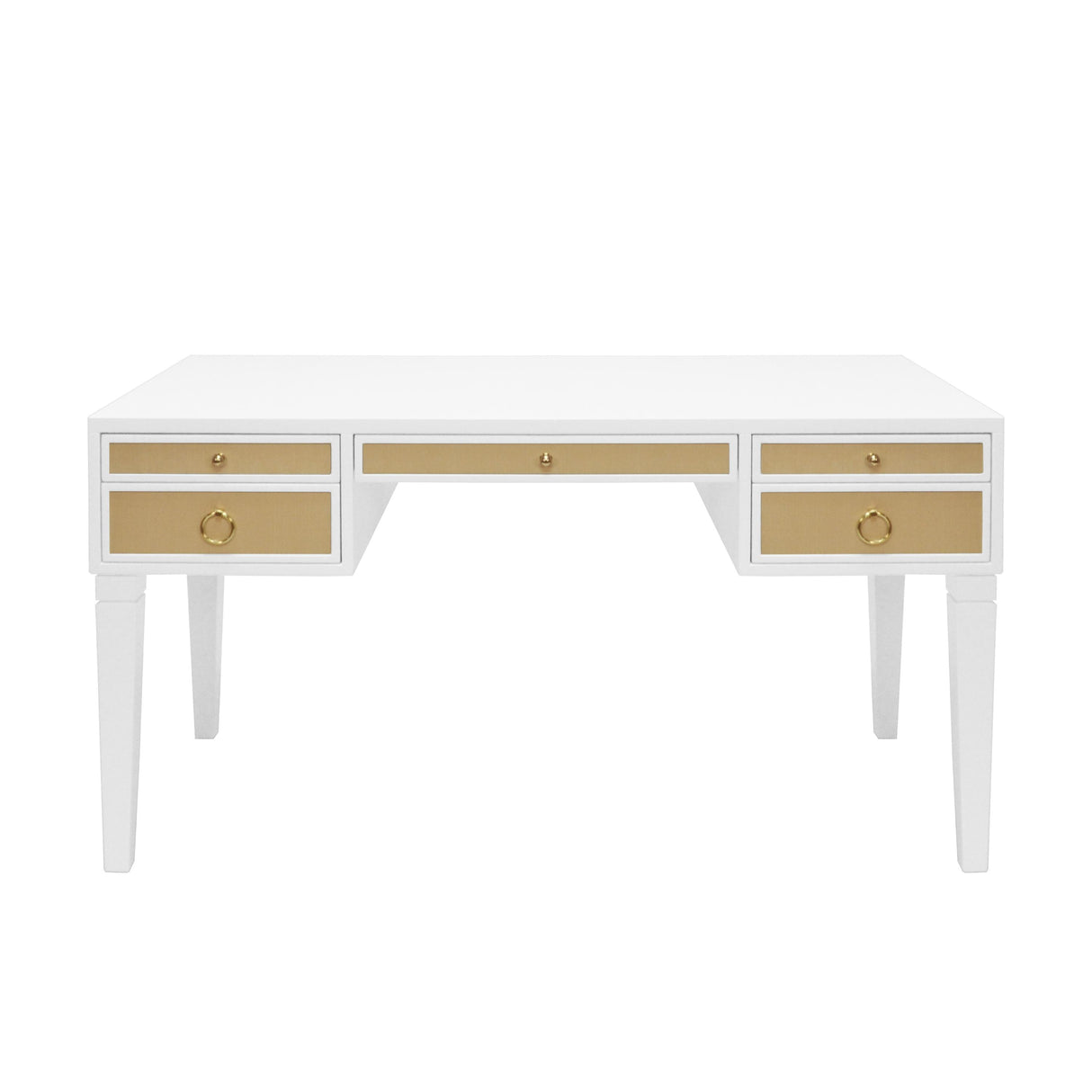 Worlds Away White Matte Lacquer Desk With Grasscloth Drawer With Brass Hardware