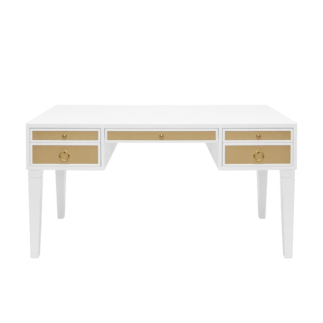 Worlds Away White Matte Lacquer Desk With Grasscloth Drawer With Brass Hardware