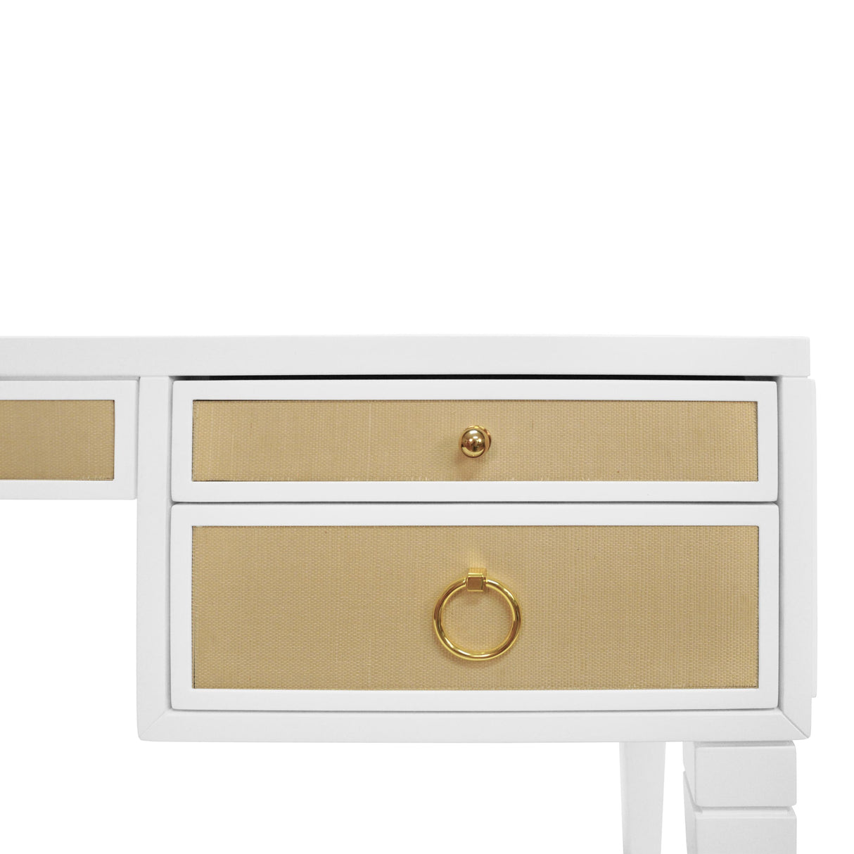 Worlds Away White Matte Lacquer Desk With Grasscloth Drawer With Brass Hardware