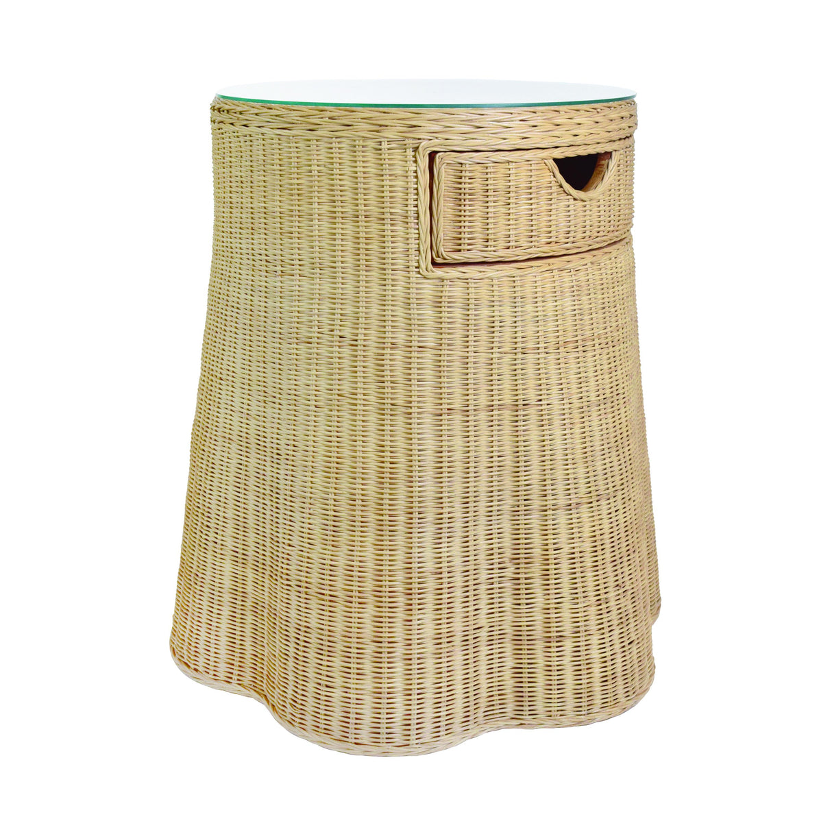 Worlds Away One Drawer Round Side Table With Flared Scalloped Base In Rattan With Glass Top