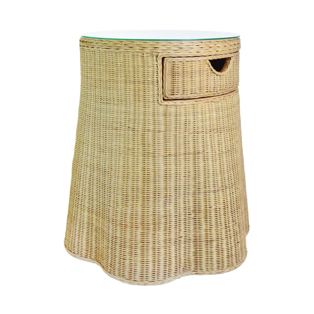 Worlds Away One Drawer Round Side Table With Flared Scalloped Base In Rattan With Glass Top